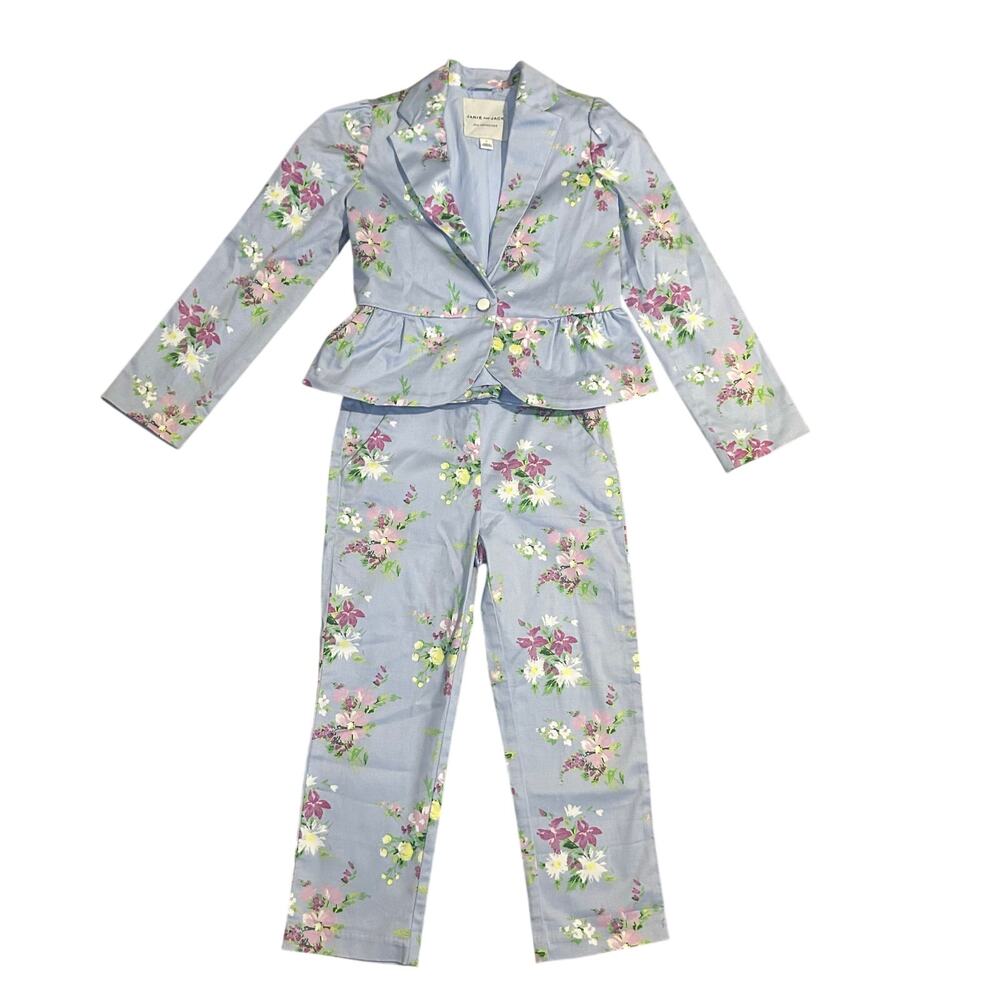Floral Peplum Jacket & Pants Matching Set - Light Blue